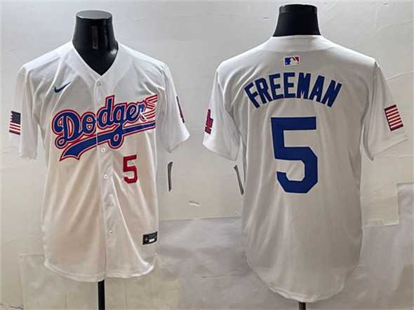 Mens Los Angeles Dodgers #5 Freddie Freeman White With American Flag Patch Limited Stitched Jersey